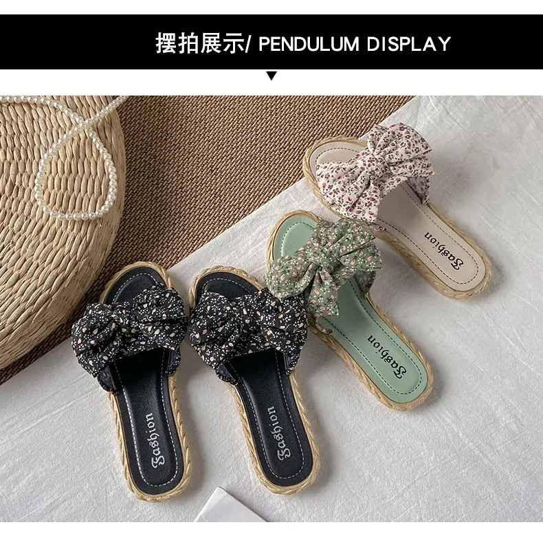 Women's summer fashionable beach footwear with bow, sandals flat, women's slippers, Collection Year 2024, suitable for outdoor wear — chobi 19