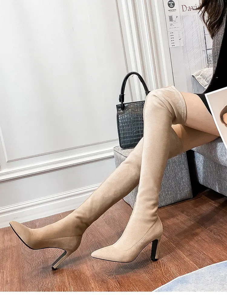 Demi-season solid color elastic high boots pointed-toe, Korean style, mid heel, wide stable heel — chobi 10