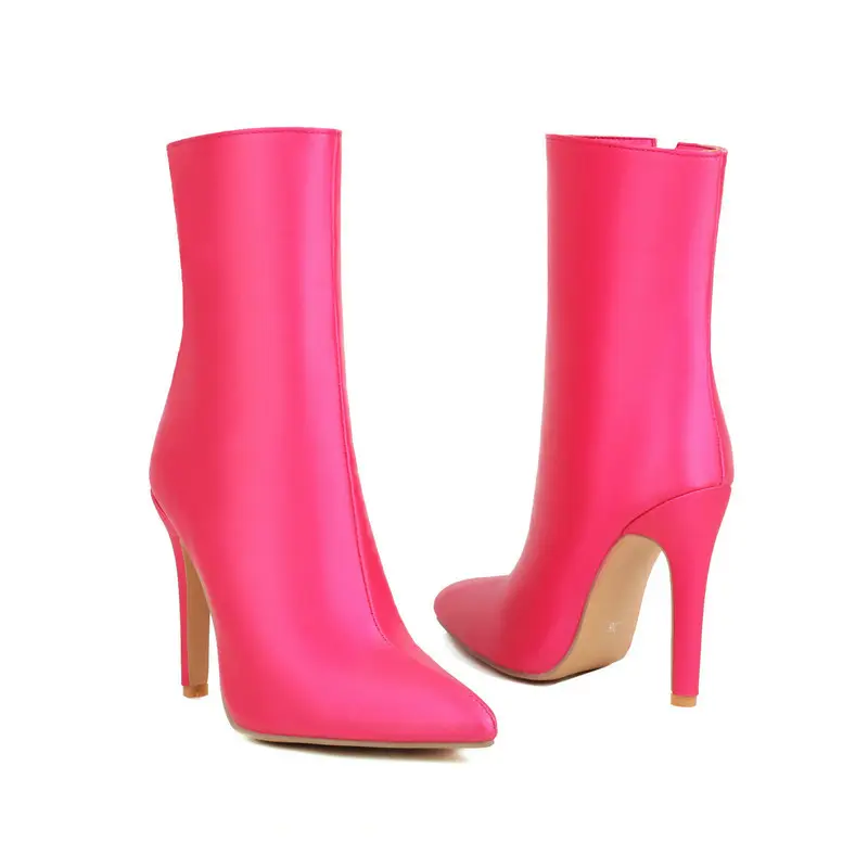 Demi-season cloth pointed-toe stiletto heels with extremely high heels made of satin, chain with zipper, ankle boots, low boots — chobi 12
