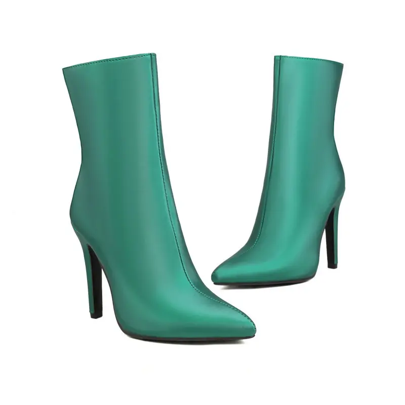 Demi-season cloth pointed-toe stiletto heels with extremely high heels made of satin, chain with zipper, ankle boots, low boots — chobi 6