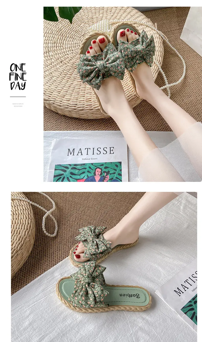 Women's summer fashionable beach footwear with bow, sandals flat, women's slippers, Collection Year 2024, suitable for outdoor wear — chobi 11