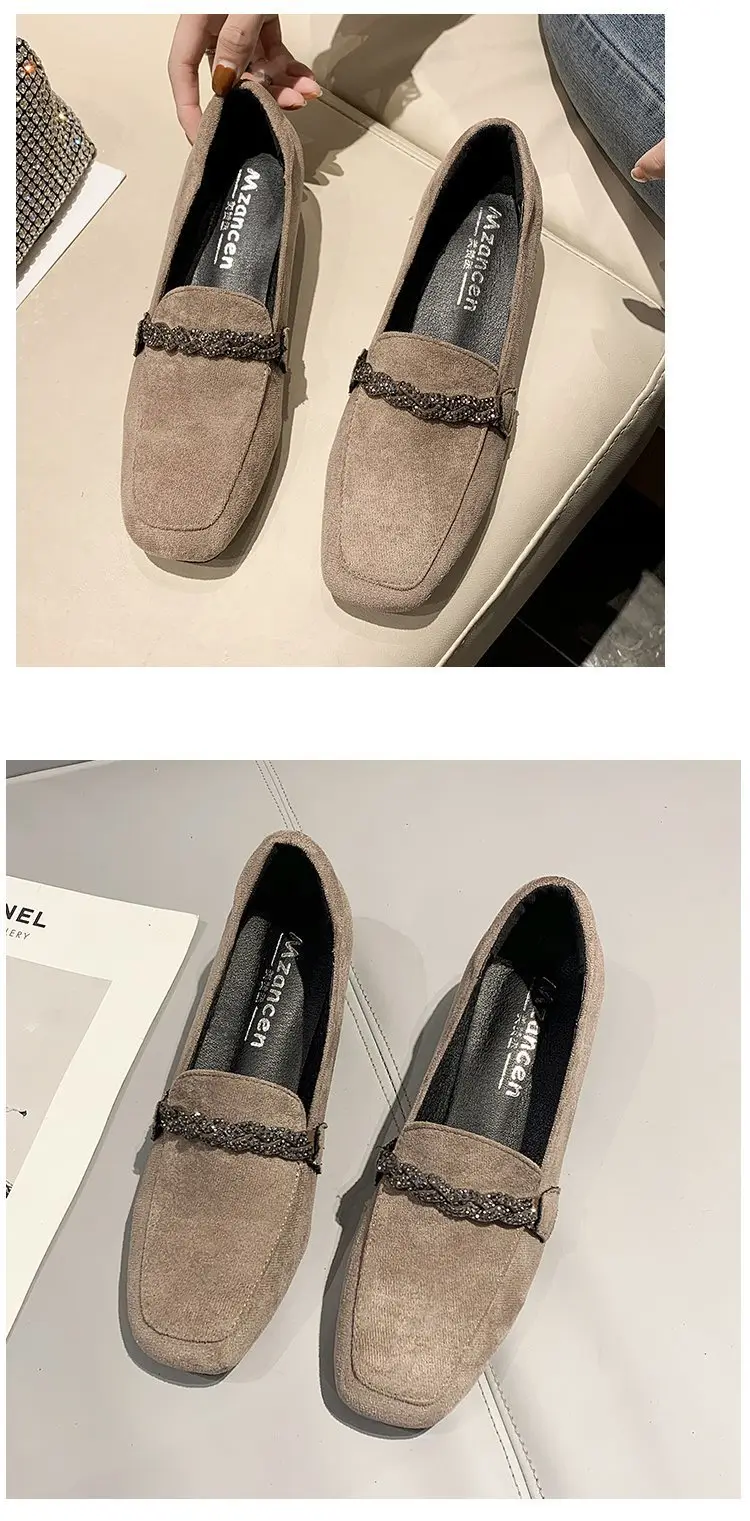 Suede autumn shoes flat English style square toe, loafers, Korean style, British style, low heel, wide stable heel, French vintage style, non-slip sol — chobi 25