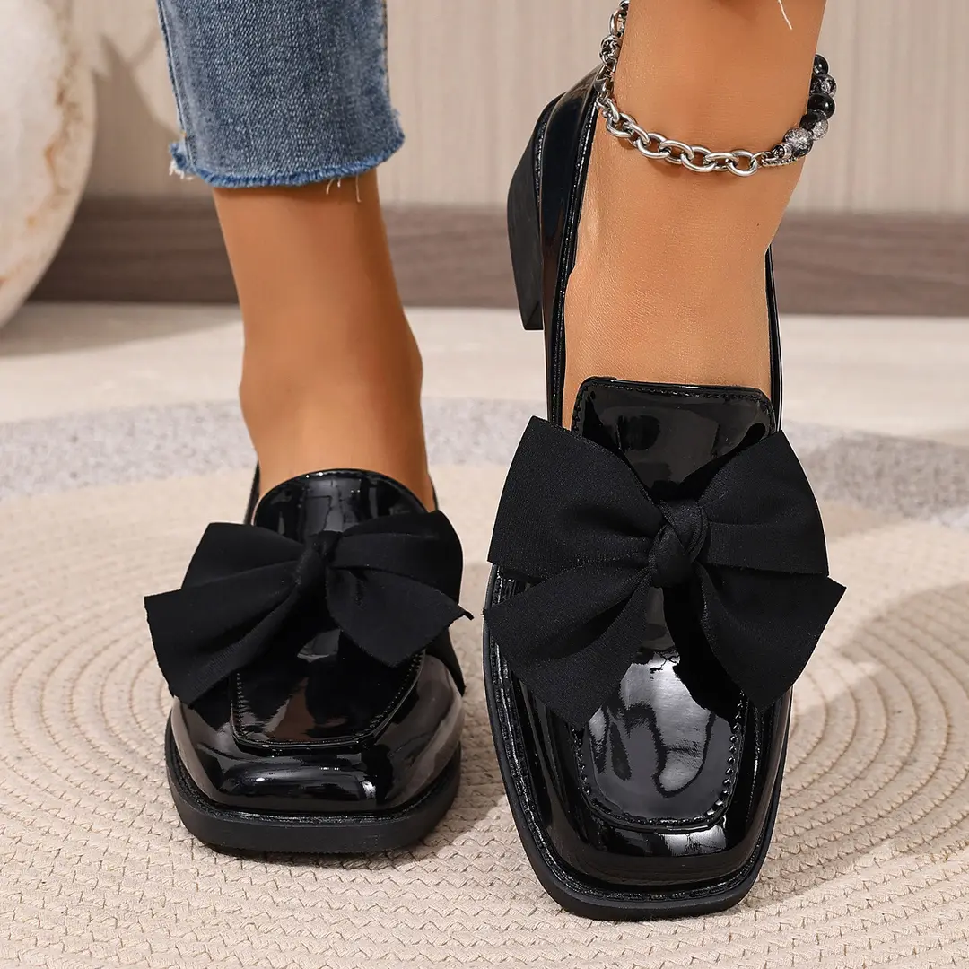 (Cross-border trading), black loafers English style flat with bow, Collection Year 2026, plus size, British style, easy to put on — chobi 4