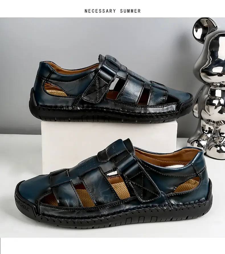 (Cross-border trading), fashionable leather men's slippers with decorative stitching, beach trend sandals, genuine leather, summer 2024 — chobi 26