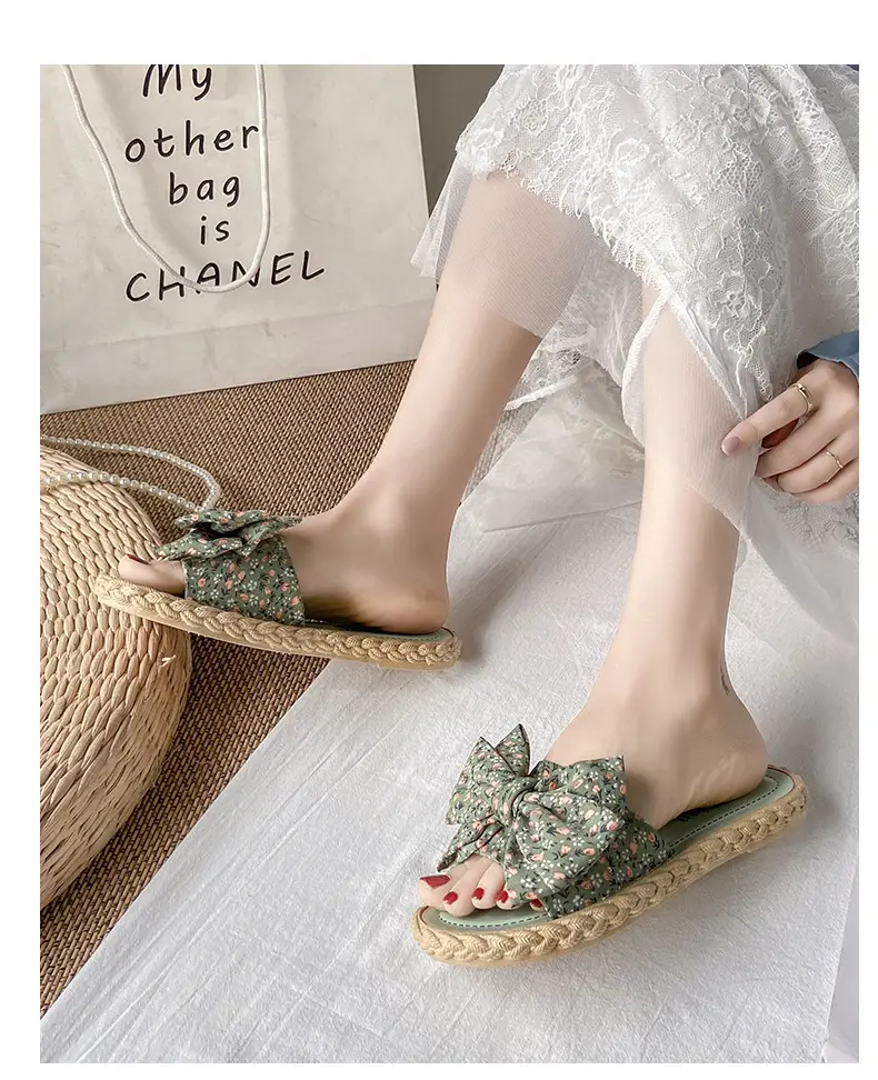 Women's summer fashionable beach footwear with bow, sandals flat, women's slippers, Collection Year 2024, suitable for outdoor wear — chobi 12