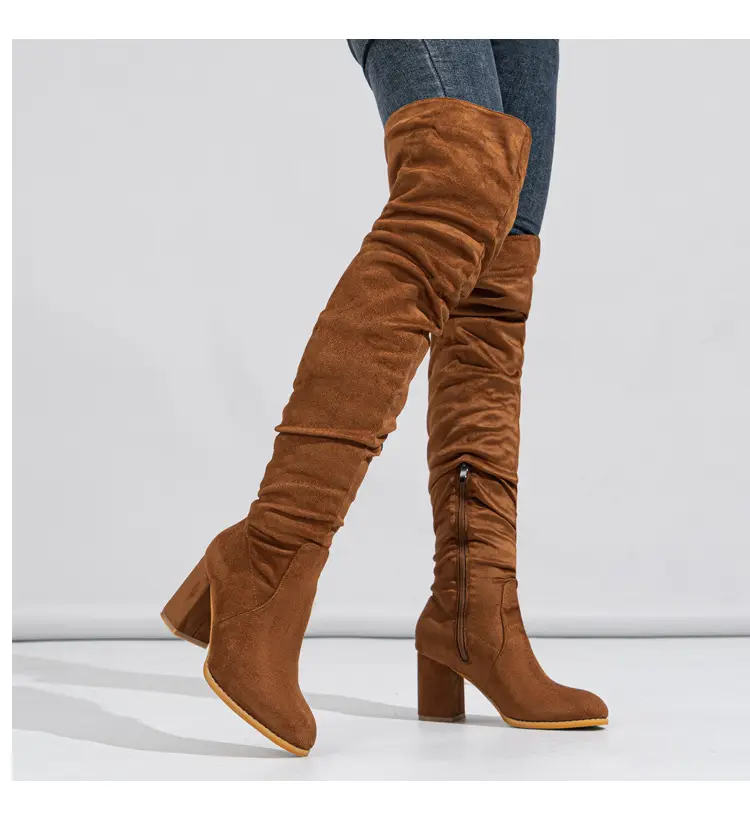 Spot - New foreign trade over-knee boots soft-faced natural wrinkled thick-heeled outdoor street catwalk women's boots size 35-42 — chobi 7