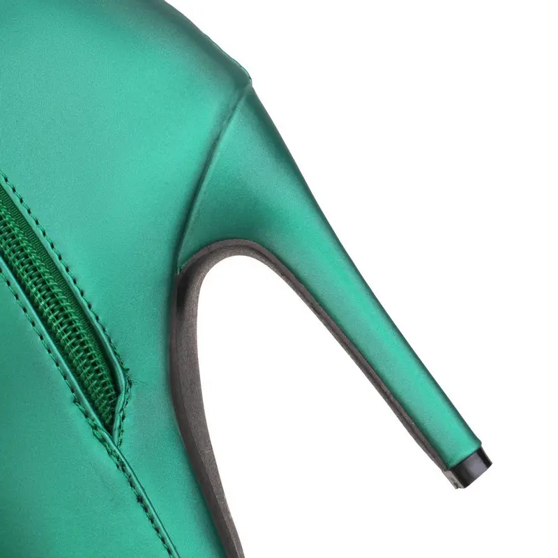 Demi-season cloth pointed-toe stiletto heels with extremely high heels made of satin, chain with zipper, ankle boots, low boots — chobi 7