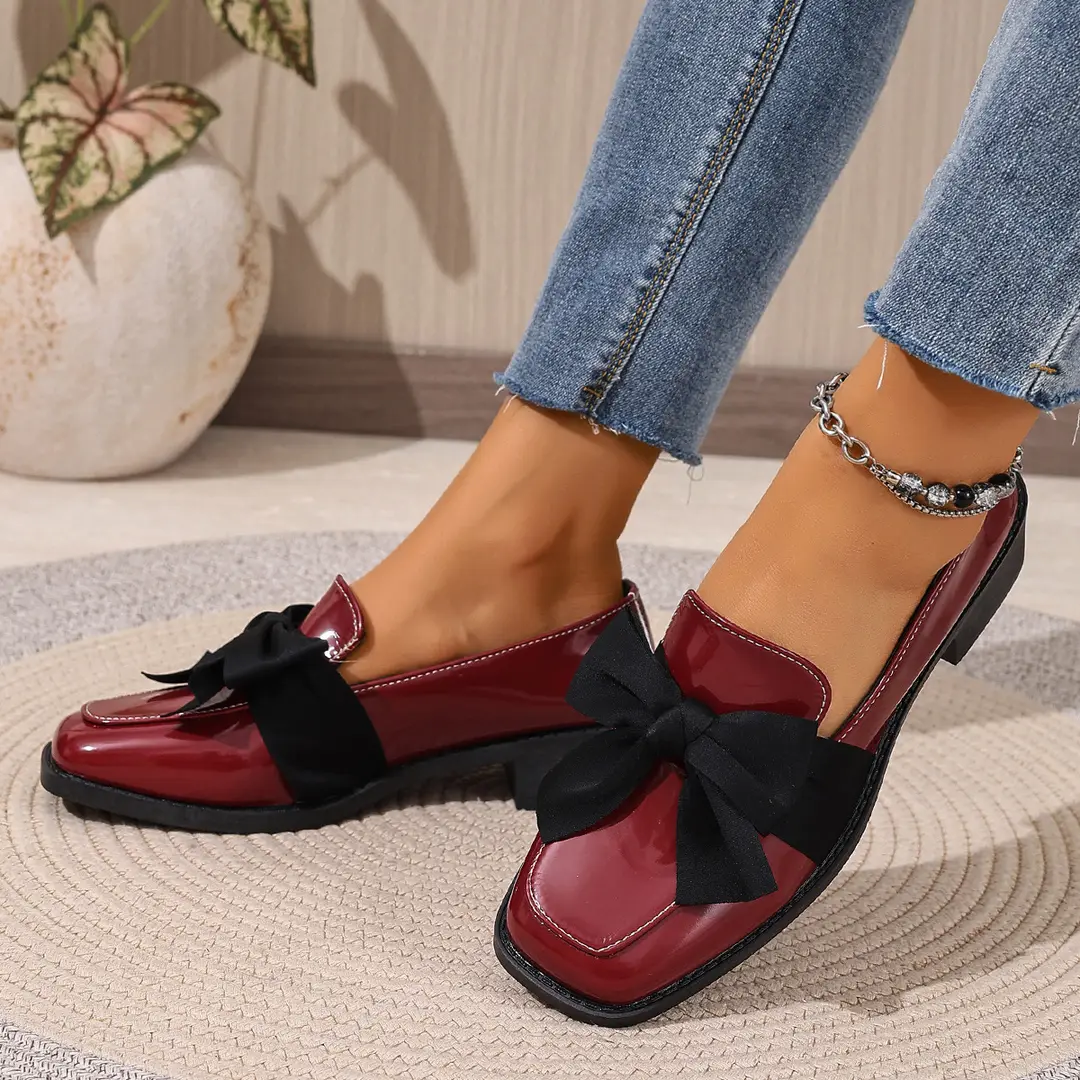 (Cross-border trading), black loafers English style flat with bow, Collection Year 2026, plus size, British style, easy to put on — chobi 8