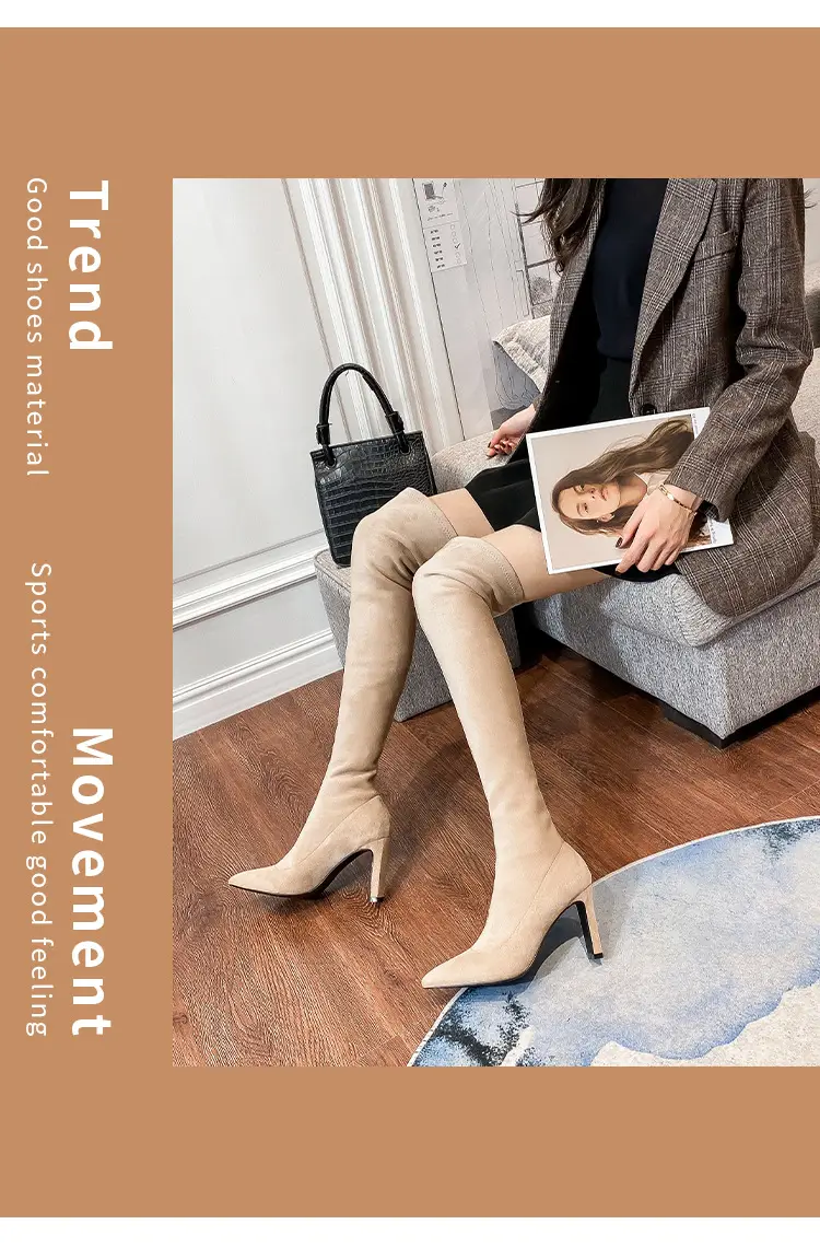 Demi-season solid color elastic high boots pointed-toe, Korean style, mid heel, wide stable heel — chobi 4