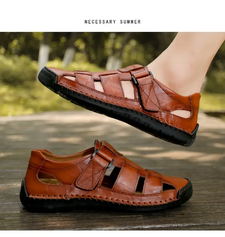 (Cross-border trading), fashionable leather men's slippers with decorative stitching, beach trend sandals, genuine leather, summer 2024 — chobi 21