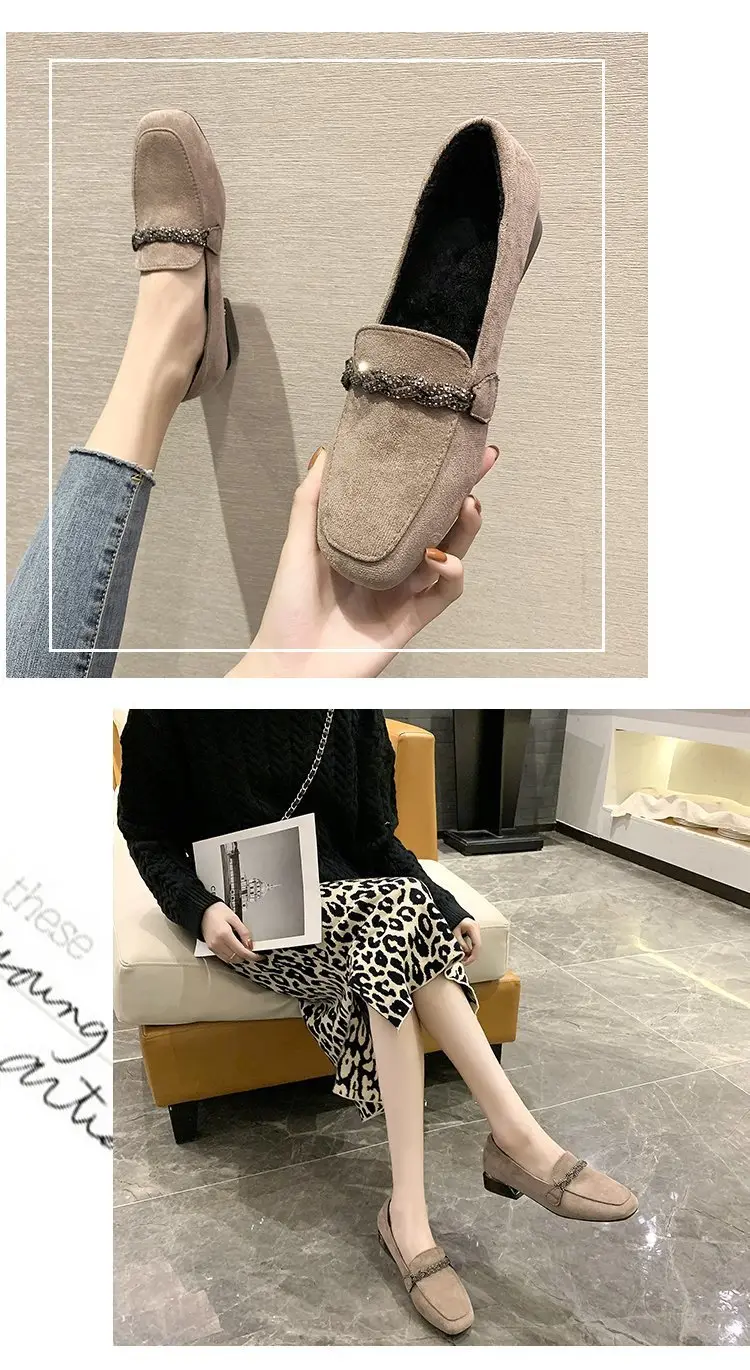 Suede autumn shoes flat English style square toe, loafers, Korean style, British style, low heel, wide stable heel, French vintage style, non-slip sol — chobi 14