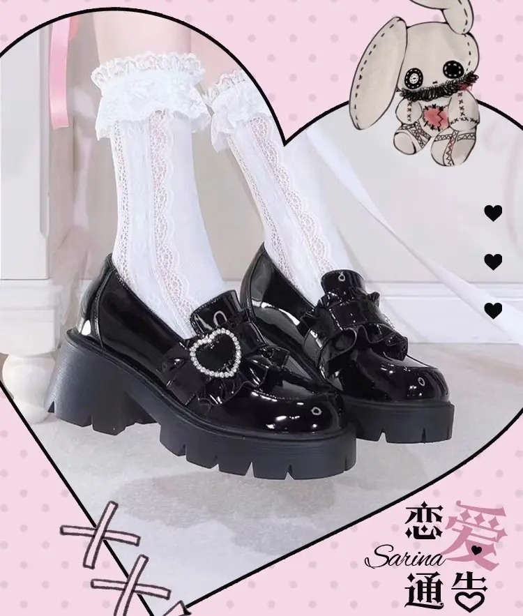 Black Japanese shoes platform heels, Lolita style, JK style (Japanese school style), height increasing, french style — chobi 3