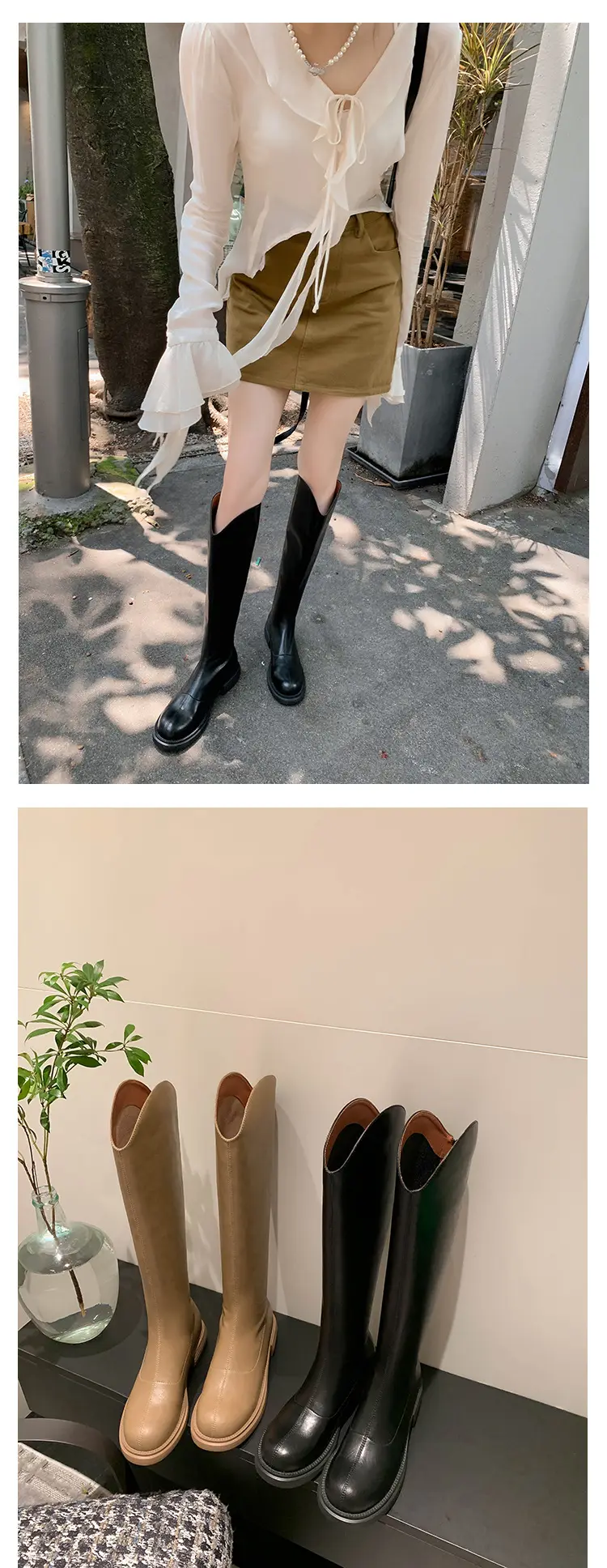 Denim demi-season high boots, visually slimming, genuine leather, 2023 — chobi 19