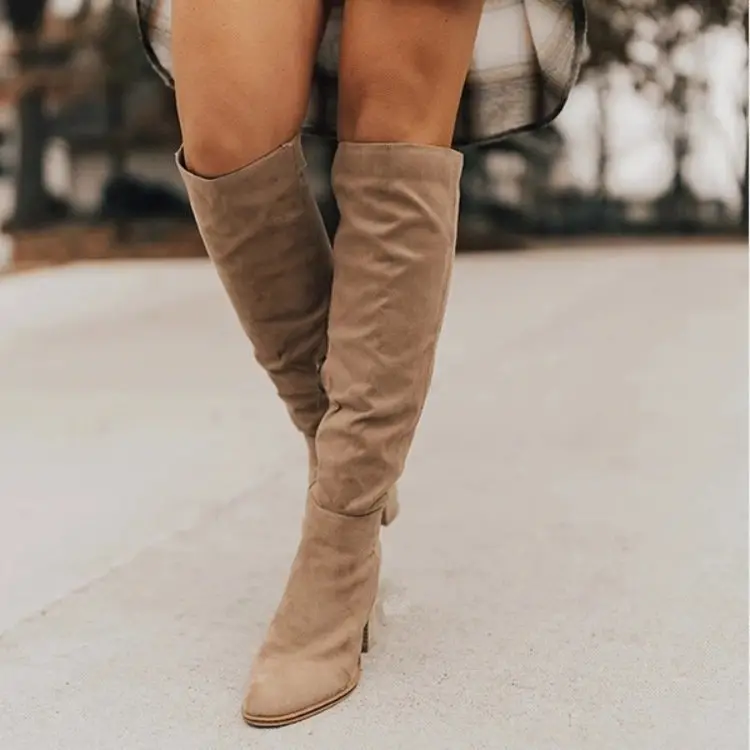 Women over -the -knee boots 2020 autumn and winter new rough heels high -heeled small, lean fluff boots women's side zipper long and winter — chobi 16