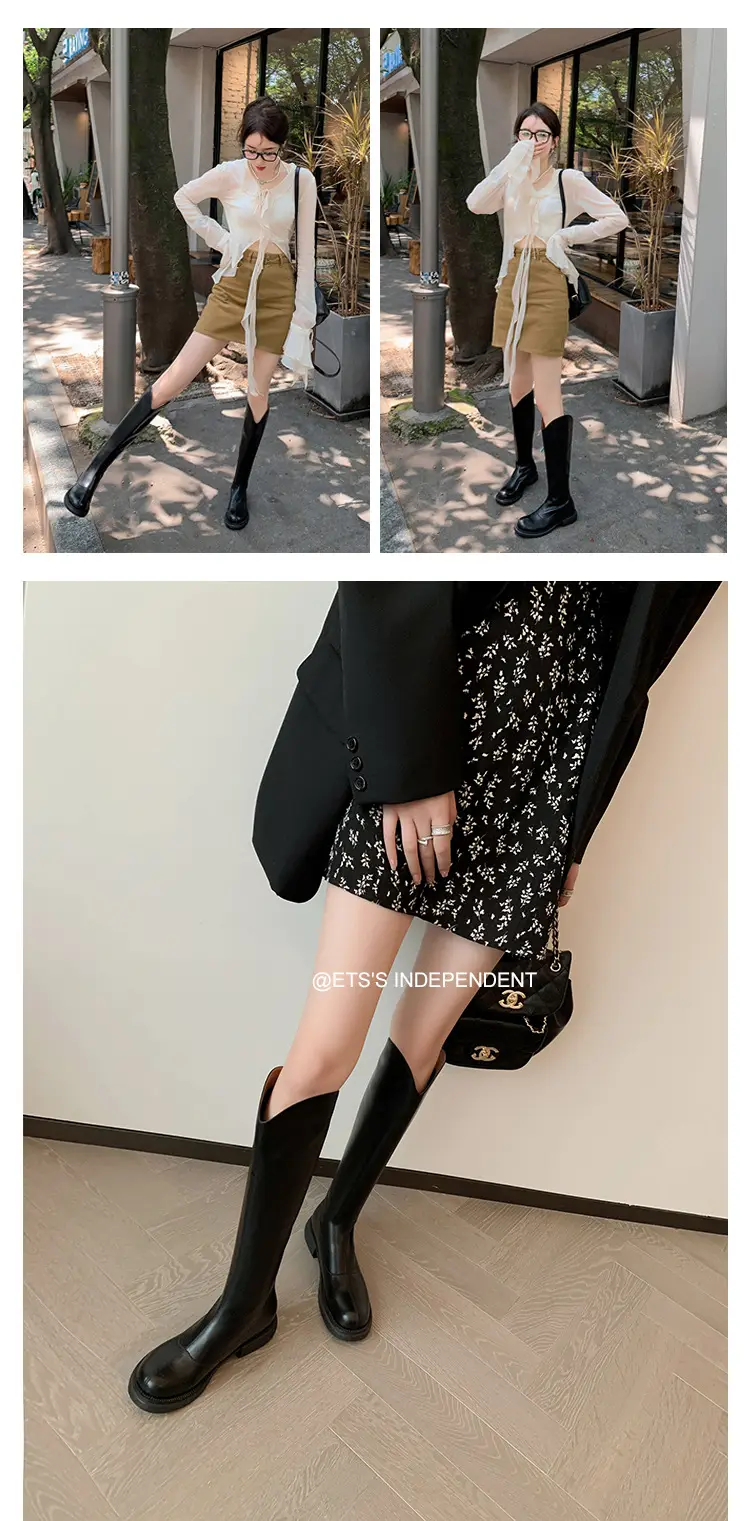 Denim demi-season high boots, visually slimming, genuine leather, 2023 — chobi 20