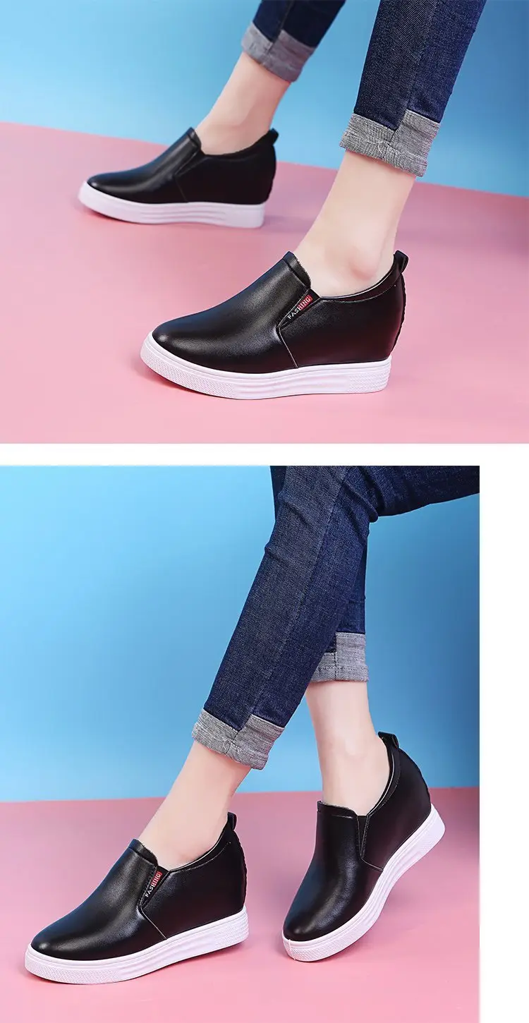 Autumn universal white sneakers with hidden heel wedge heel platform, casual loafers for students — chobi 32