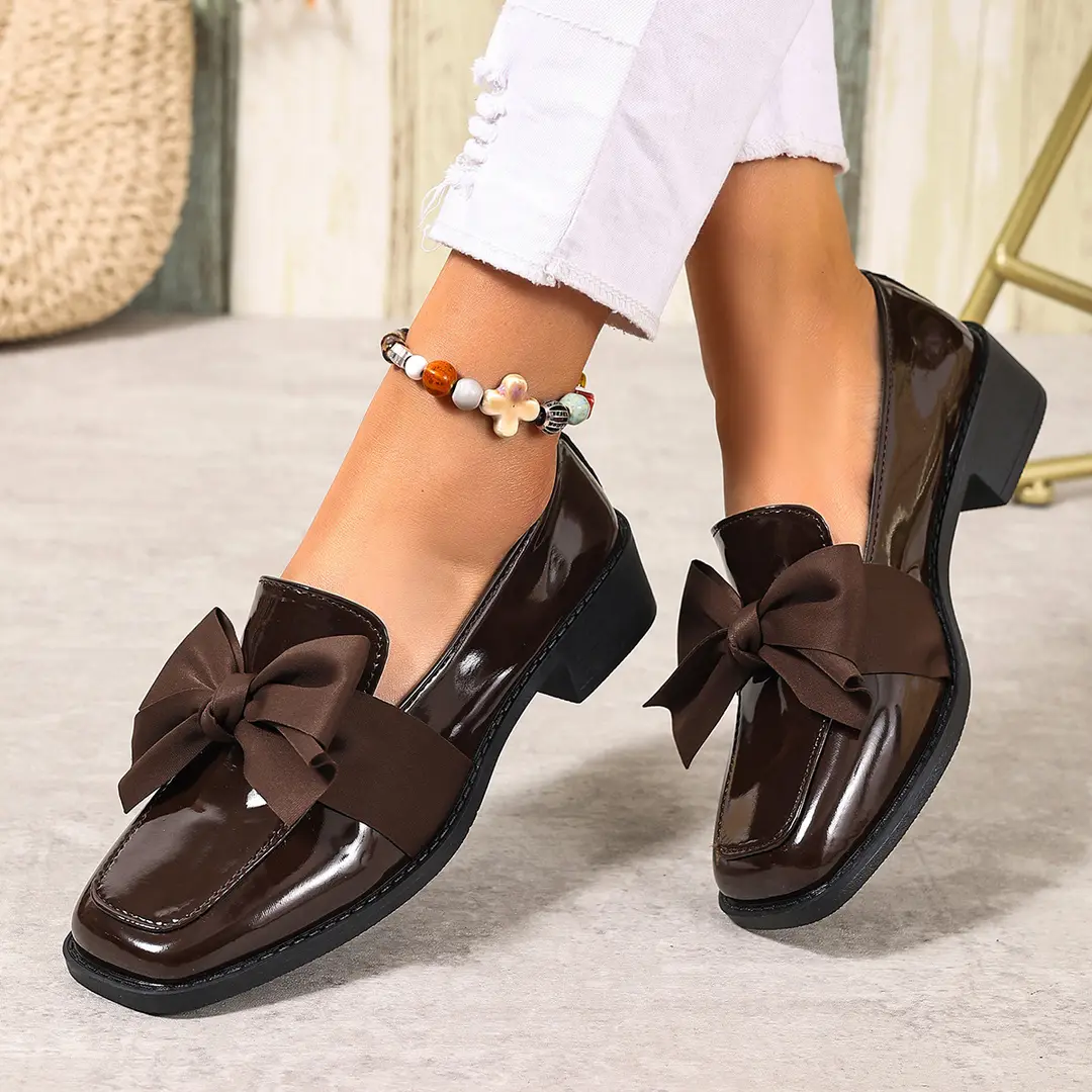 (Cross-border trading), black loafers English style flat with bow, Collection Year 2026, plus size, British style, easy to put on — chobi 14