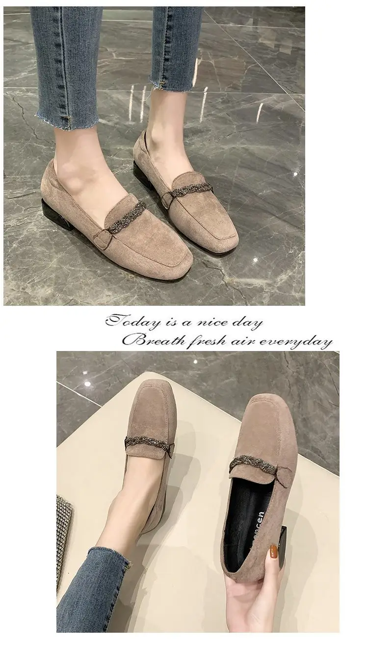 Suede autumn shoes flat English style square toe, loafers, Korean style, British style, low heel, wide stable heel, French vintage style, non-slip sol — chobi 18