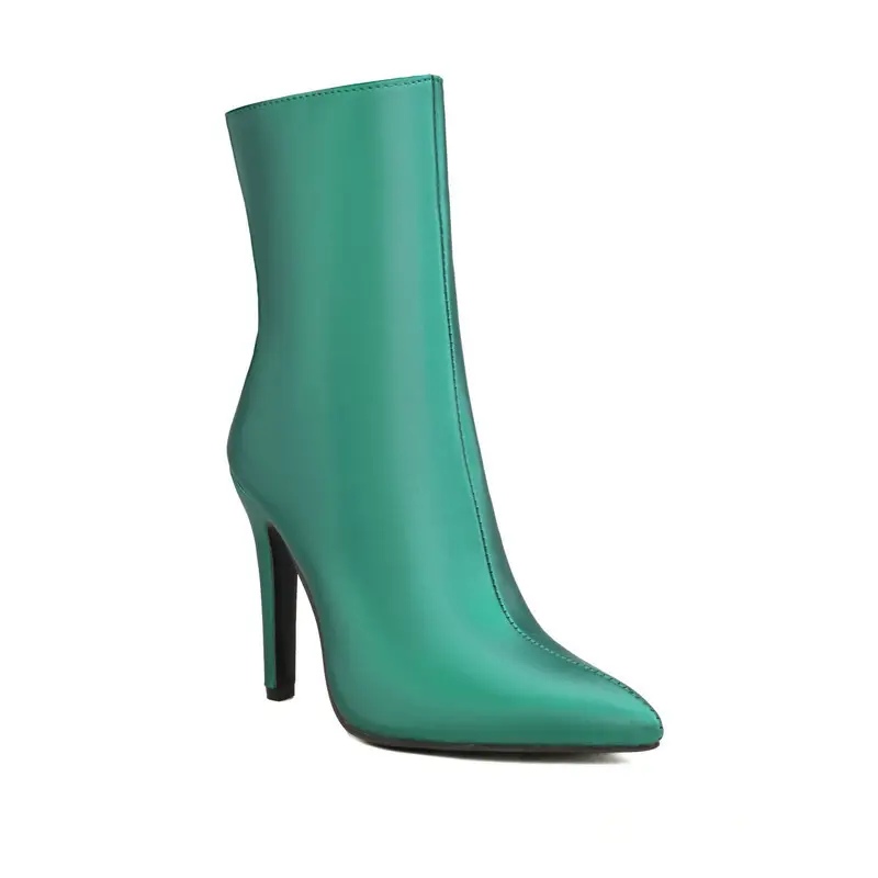 Demi-season cloth pointed-toe stiletto heels with extremely high heels made of satin, chain with zipper, ankle boots, low boots — chobi 5