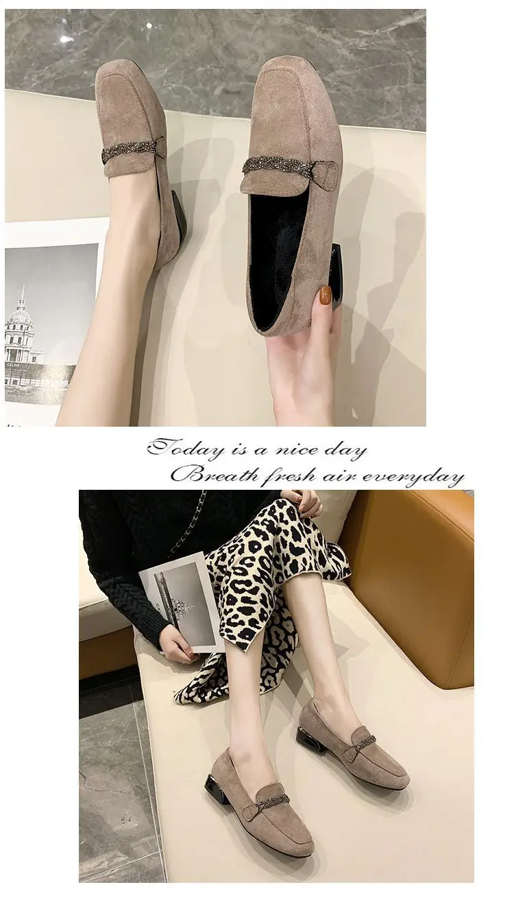 Suede autumn shoes flat English style square toe, loafers, Korean style, British style, low heel, wide stable heel, French vintage style, non-slip sol — chobi 15