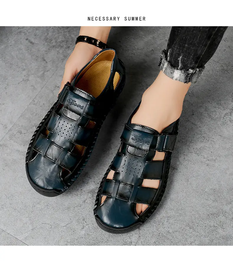(Cross-border trading), fashionable leather men's slippers with decorative stitching, beach trend sandals, genuine leather, summer 2024 — chobi 25