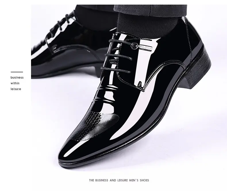 Men's demi-season shoes made of patent leather, slip-ons pointed-toe, low classic suit jacket, plus size — chobi 12