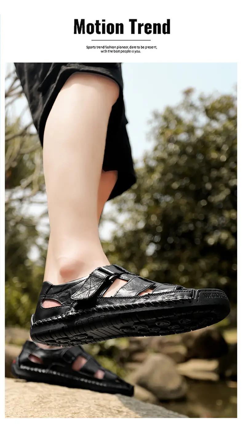 (Cross-border trading), fashionable leather men's slippers with decorative stitching, beach trend sandals, genuine leather, summer 2024 — chobi 19