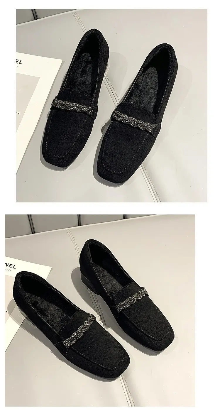 Suede autumn shoes flat English style square toe, loafers, Korean style, British style, low heel, wide stable heel, French vintage style, non-slip sol — chobi 22