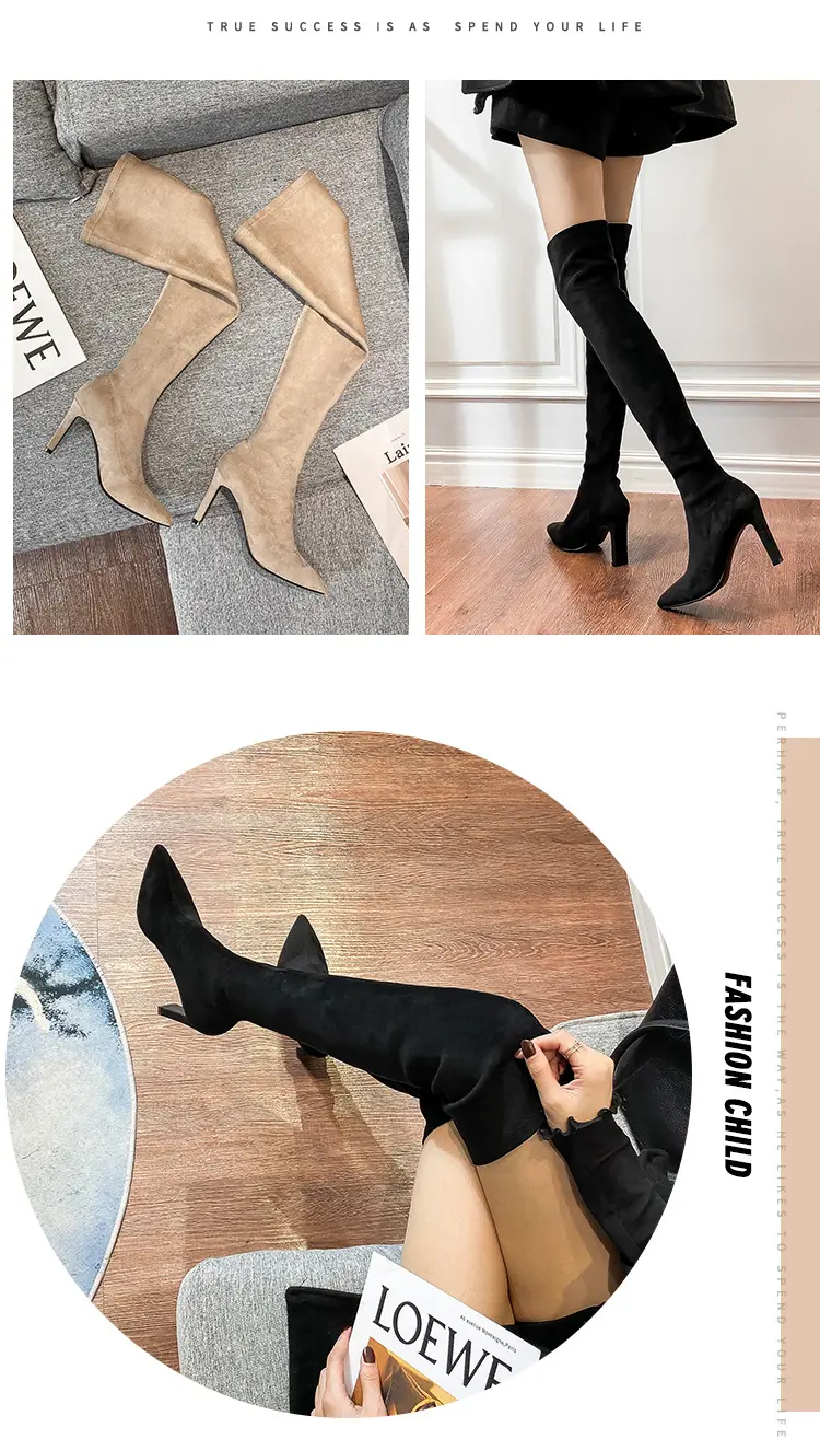 Demi-season solid color elastic high boots pointed-toe, Korean style, mid heel, wide stable heel — chobi 8