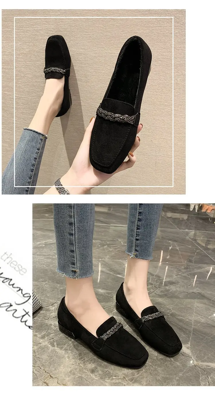 Suede autumn shoes flat English style square toe, loafers, Korean style, British style, low heel, wide stable heel, French vintage style, non-slip sol — chobi 5