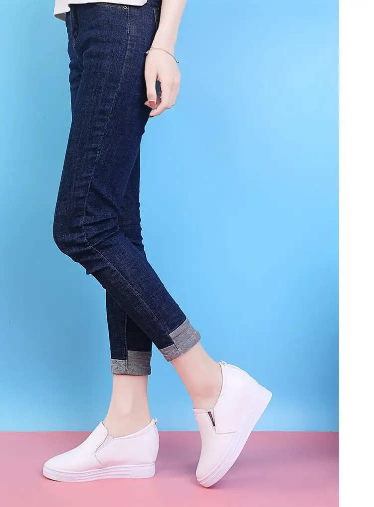 Autumn universal white sneakers with hidden heel wedge heel platform, casual loafers for students — chobi 29