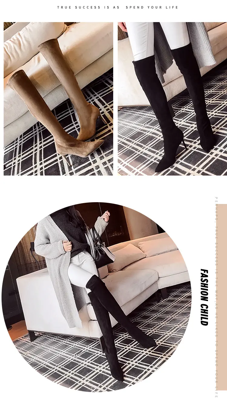 Demi-season black suede high boots pointed-toe stiletto heels, (Physicals), visually slimming — chobi 8
