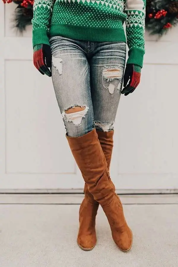Women over -the -knee boots 2020 autumn and winter new rough heels high -heeled small, lean fluff boots women's side zipper long and winter — chobi 14