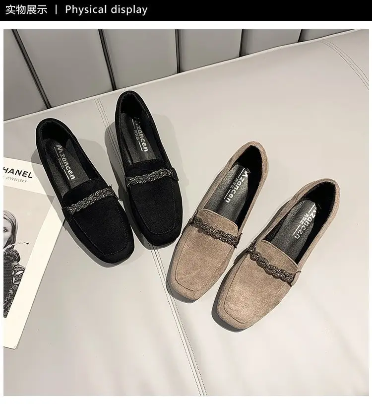 Suede autumn shoes flat English style square toe, loafers, Korean style, British style, low heel, wide stable heel, French vintage style, non-slip sol — chobi 20