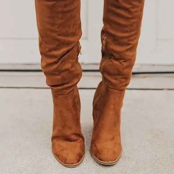 Women over -the -knee boots 2020 autumn and winter new rough heels high -heeled small, lean fluff boots women's side zipper long and winter — chobi 8