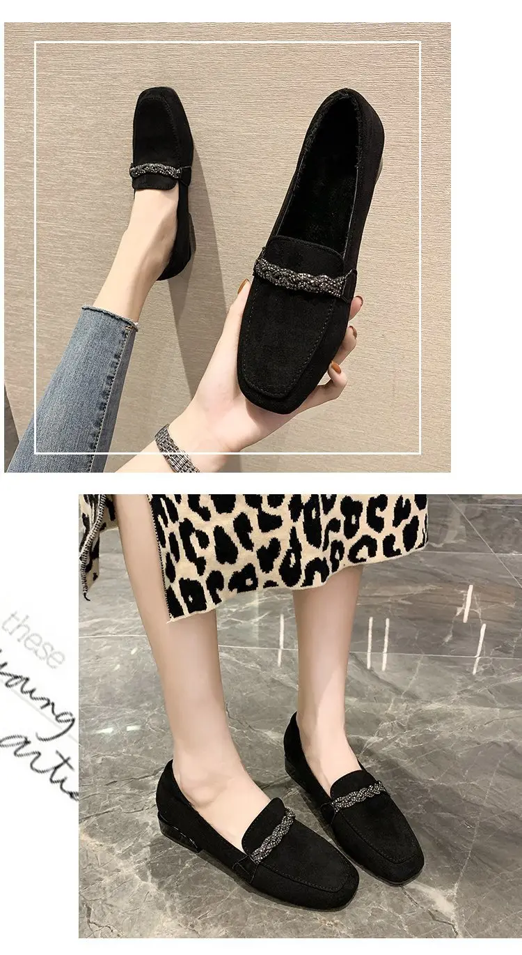 Suede autumn shoes flat English style square toe, loafers, Korean style, British style, low heel, wide stable heel, French vintage style, non-slip sol — chobi 11