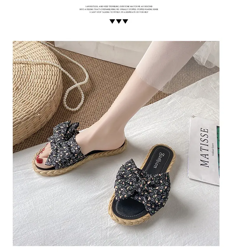Women's summer fashionable beach footwear with bow, sandals flat, women's slippers, Collection Year 2024, suitable for outdoor wear — chobi 18