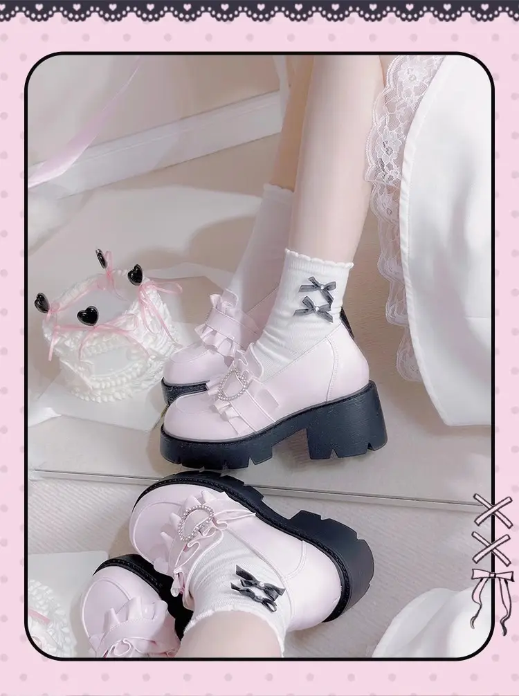 Black Japanese shoes platform heels, Lolita style, JK style (Japanese school style), height increasing, french style — chobi 13