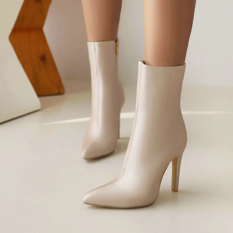 Demi-season cloth pointed-toe stiletto heels with extremely high heels made of satin, chain with zipper, ankle boots, low boots — chobi 13