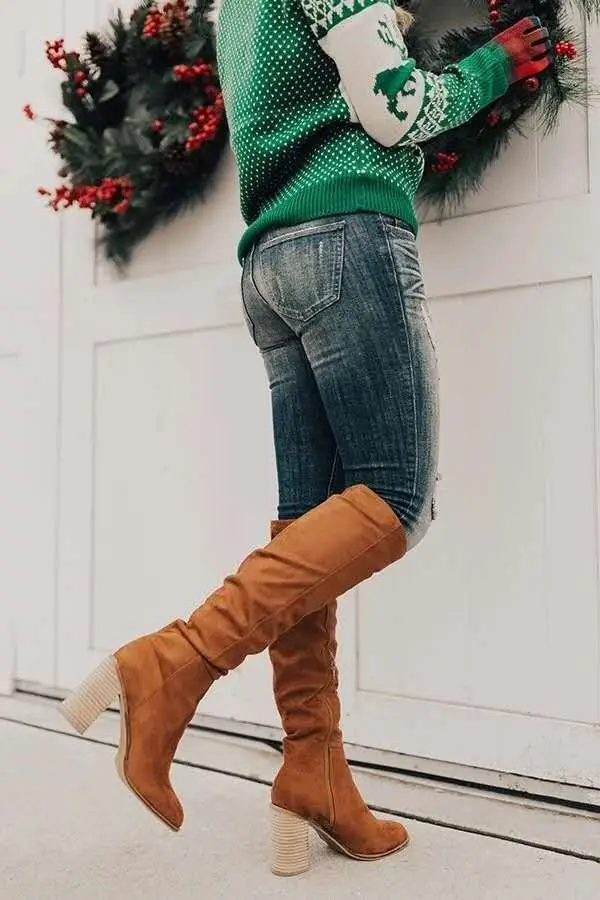 Women over -the -knee boots 2020 autumn and winter new rough heels high -heeled small, lean fluff boots women's side zipper long and winter — chobi 15