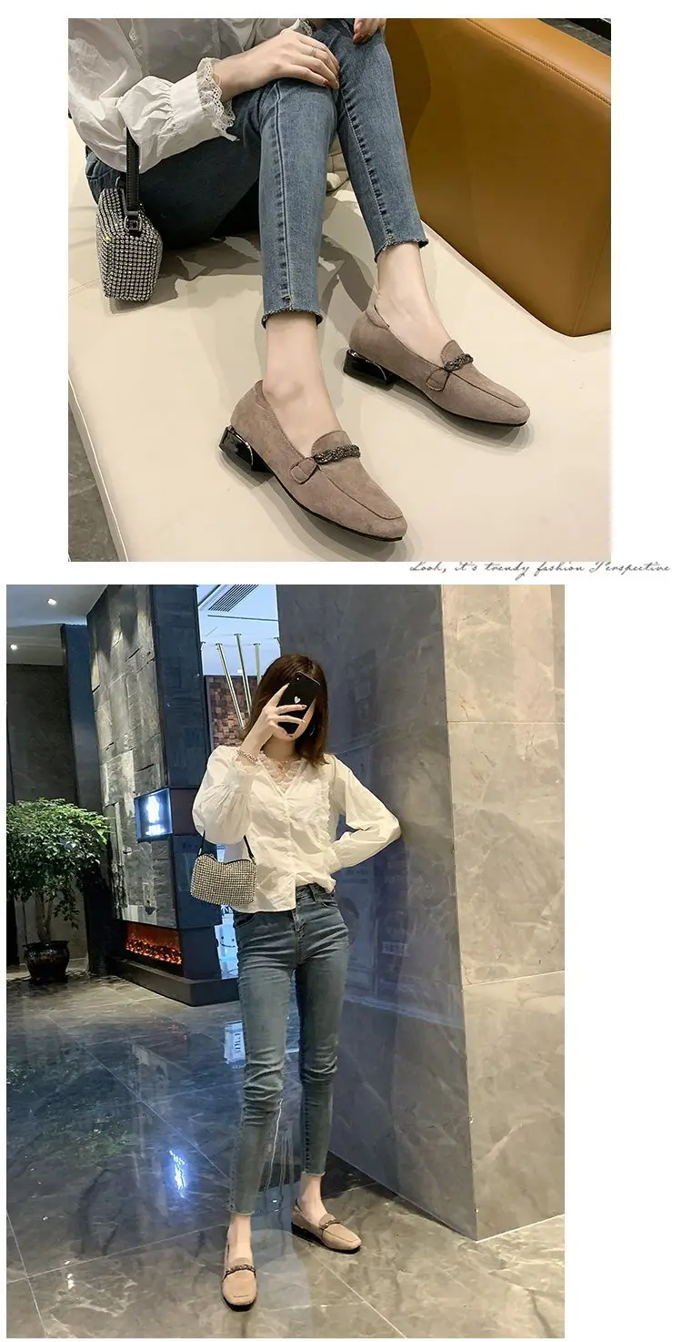 Suede autumn shoes flat English style square toe, loafers, Korean style, British style, low heel, wide stable heel, French vintage style, non-slip sol — chobi 19
