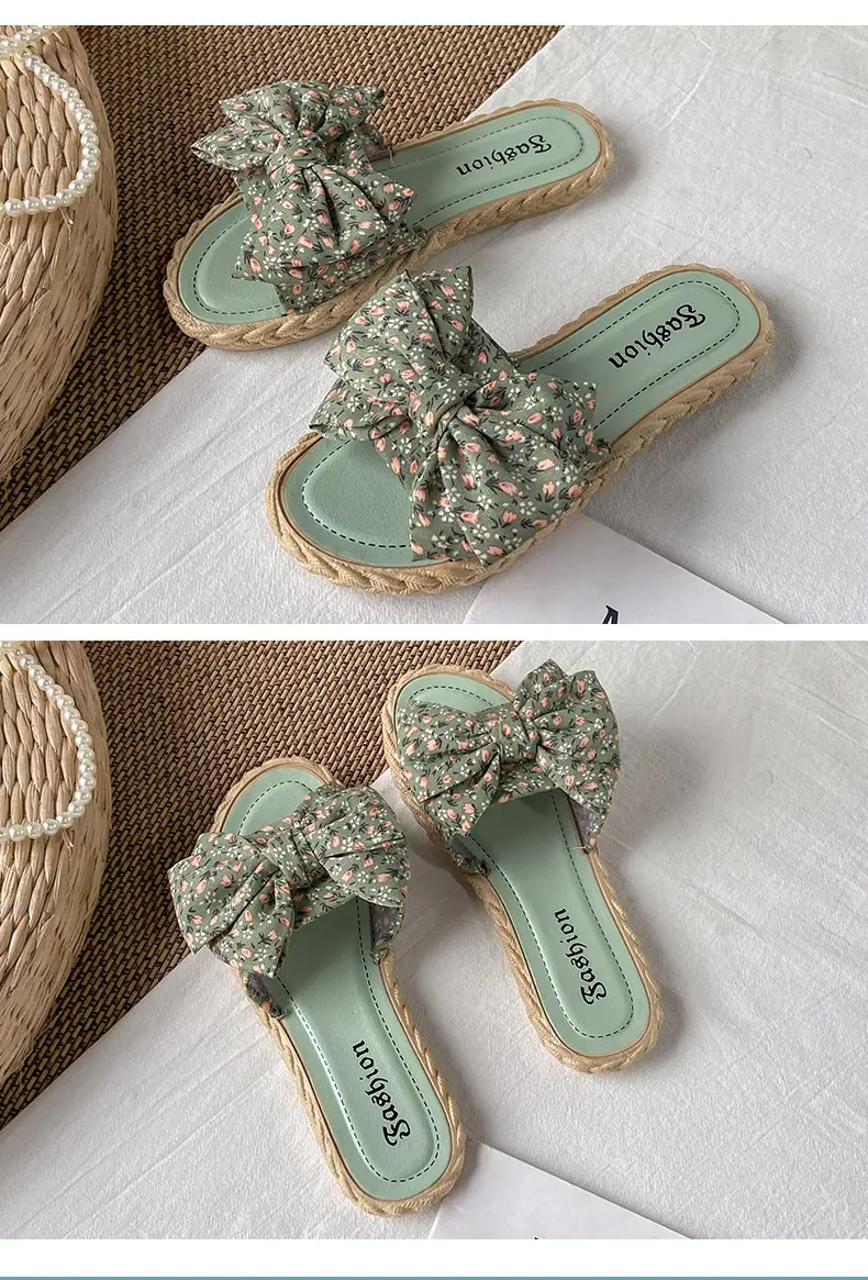 Women's summer fashionable beach footwear with bow, sandals flat, women's slippers, Collection Year 2024, suitable for outdoor wear — chobi 22