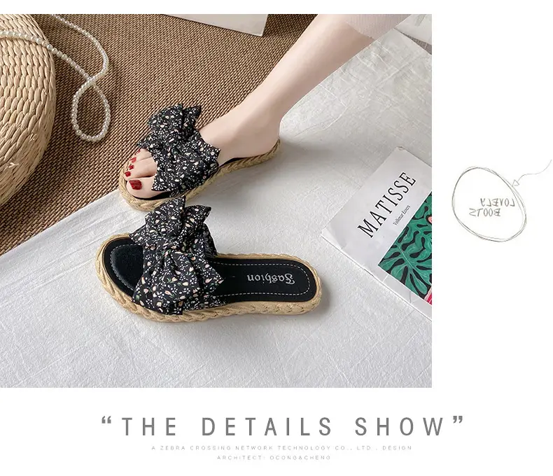 Women's summer fashionable beach footwear with bow, sandals flat, women's slippers, Collection Year 2024, suitable for outdoor wear — chobi 16