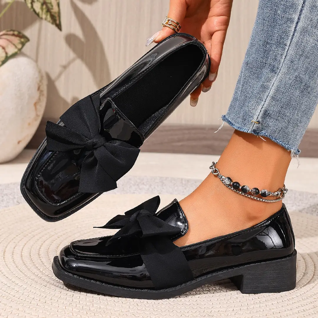 (Cross-border trading), black loafers English style flat with bow, Collection Year 2026, plus size, British style, easy to put on — chobi 5