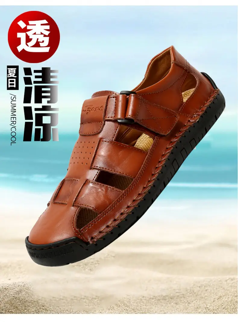 (Cross-border trading), fashionable leather men's slippers with decorative stitching, beach trend sandals, genuine leather, summer 2024 — chobi 2