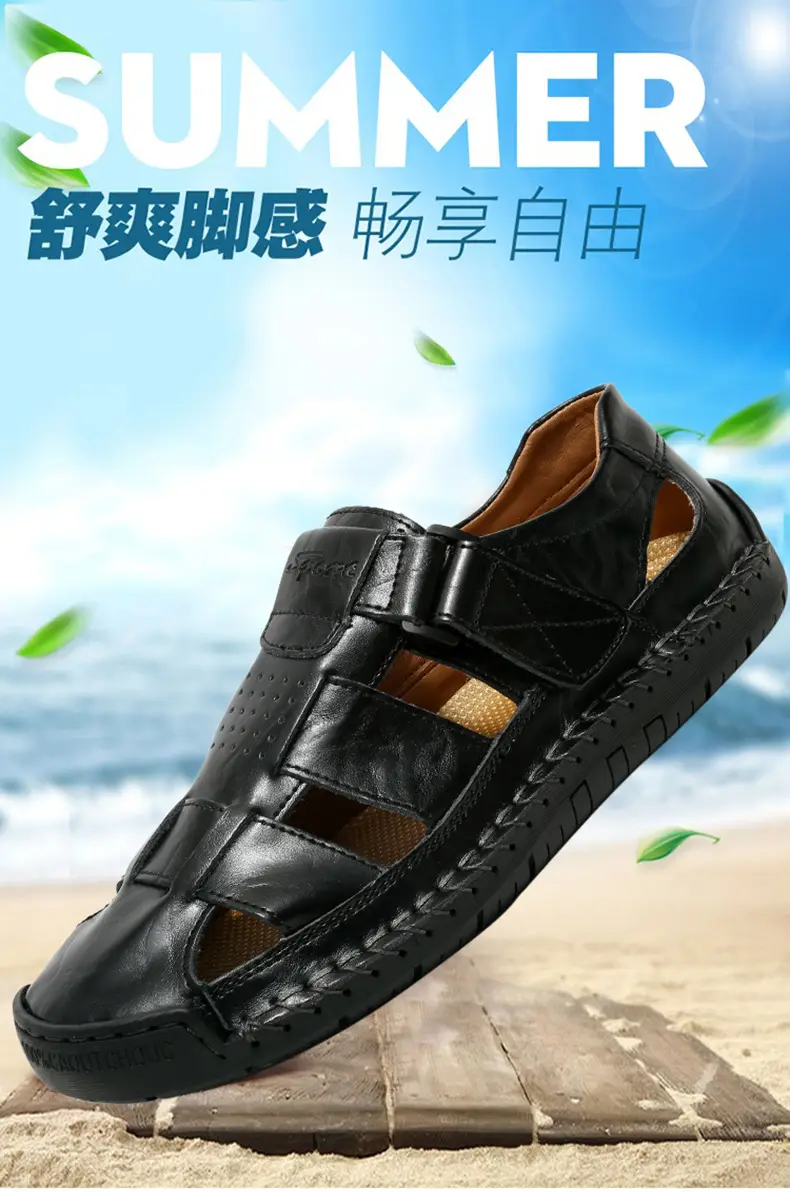 (Cross-border trading), fashionable leather men's slippers with decorative stitching, beach trend sandals, genuine leather, summer 2024 — chobi 1