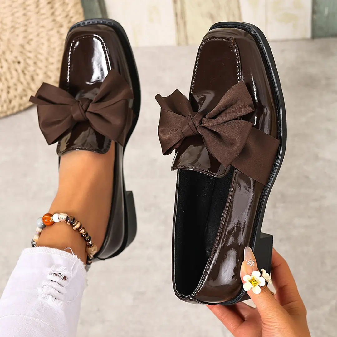 (Cross-border trading), black loafers English style flat with bow, Collection Year 2026, plus size, British style, easy to put on — chobi 17