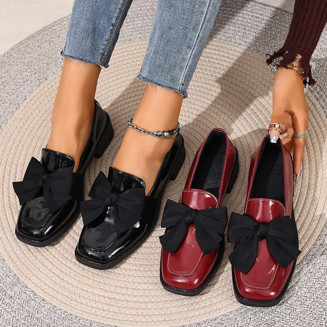 (Cross-border trading), black loafers English style flat with bow, Collection Year 2026, plus size, British style, easy to put on — chobi 7
