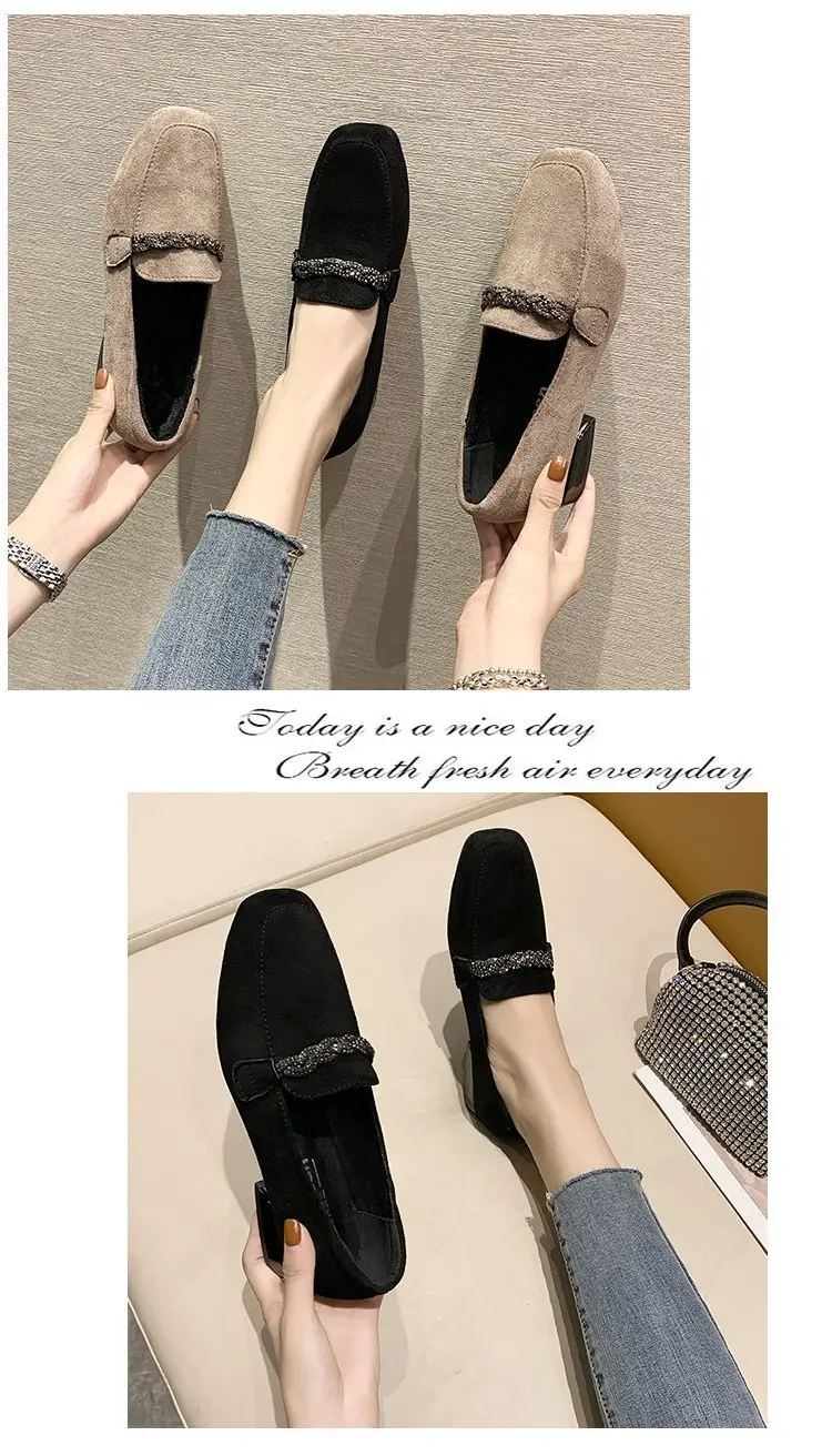 Suede autumn shoes flat English style square toe, loafers, Korean style, British style, low heel, wide stable heel, French vintage style, non-slip sol — chobi 6