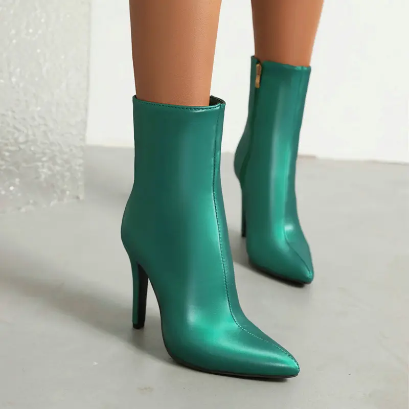 Demi-season cloth pointed-toe stiletto heels with extremely high heels made of satin, chain with zipper, ankle boots, low boots — chobi 3